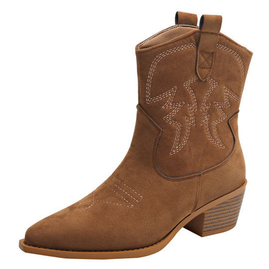 Damen nan Kurzschaft‑Westernboot mit dekorativer Stickerei, eckigem Blockabsatz und weichem Veloursfinish EB