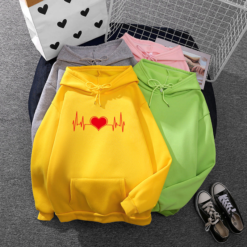 Unisex nan oversized Kapuzenpullover mit Herz-EKG-Print und Kängurutasche EB