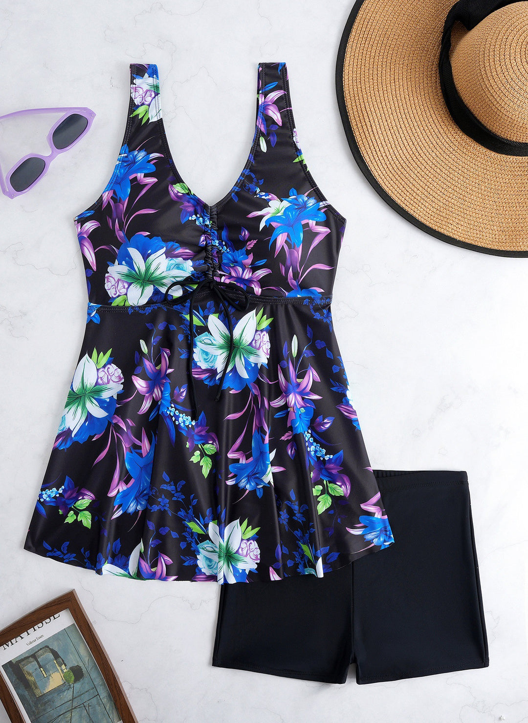 Damen Tankini-Set mit modischem Volant und grafischem Pfauenmuster EB