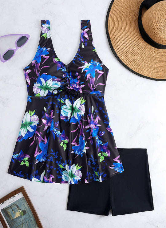 Damen Tankini-Set mit modischem Volant und grafischem Pfauenmuster EB