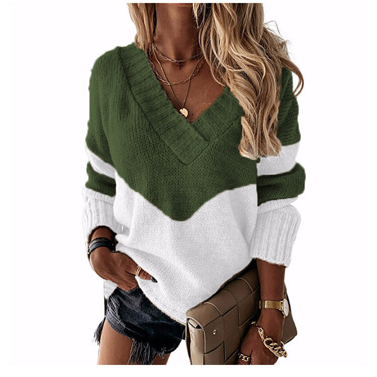 Damen nan V-Ausschnitt Strickpullover mit Chevron-Muster und Oversize-Schnitt EB
