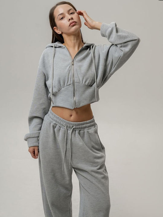 Damen nan zweiteiliges Cropped Hoodie-Set mit weitem Bundhose-Schnitt und tailliertem Reißverschluss EB