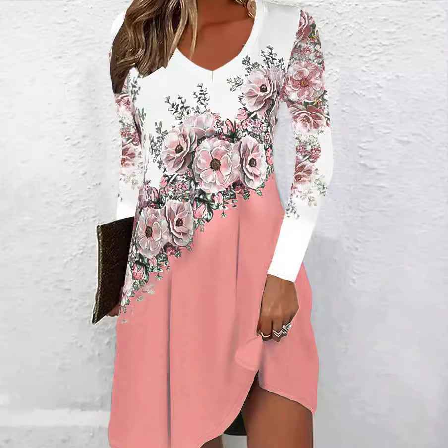 Damen Elegantes Wickelkleid mit floralen Akzenten und V-Ausschnitt EB