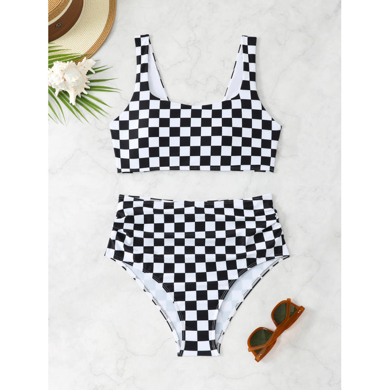 Damen Bikini-Set mit modischem Karomuster und hohem Taillenschnitt EB