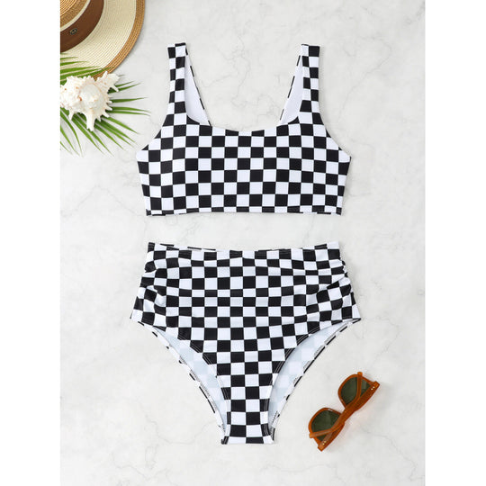 Damen Bikini-Set mit modischem Karomuster und hohem Taillenschnitt EB