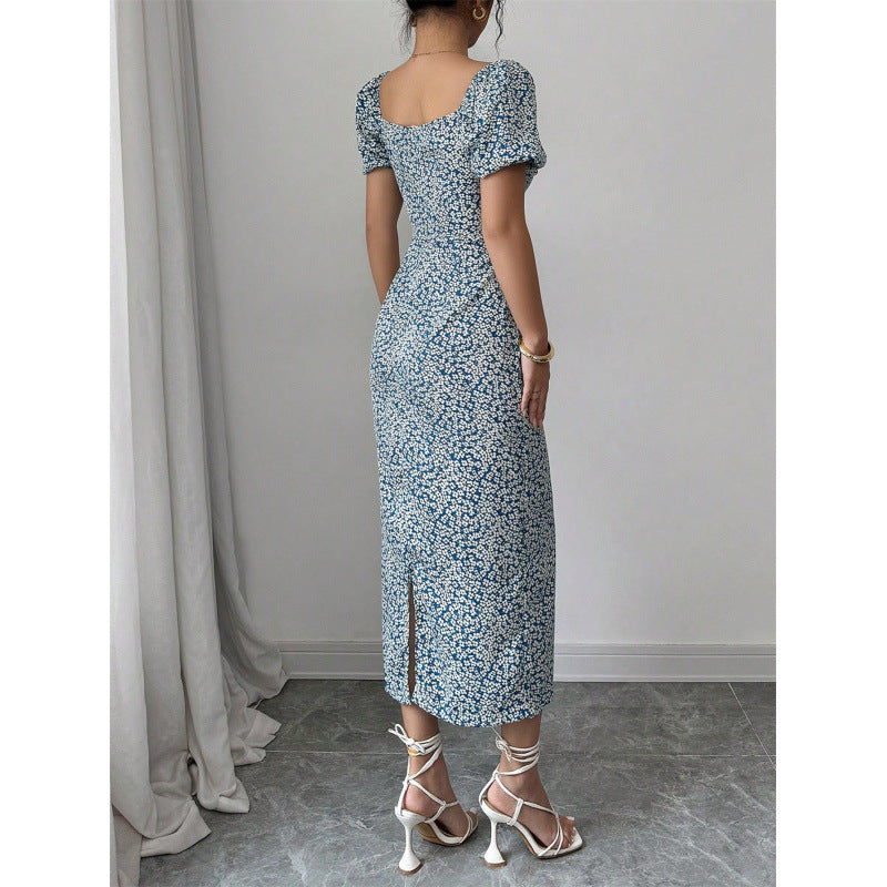 Damen Midikleid mit schulterfreien Puffärmeln und floralem Muster EB