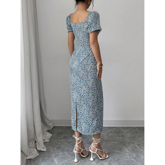 Damen Midikleid mit schulterfreien Puffärmeln und floralem Muster EB