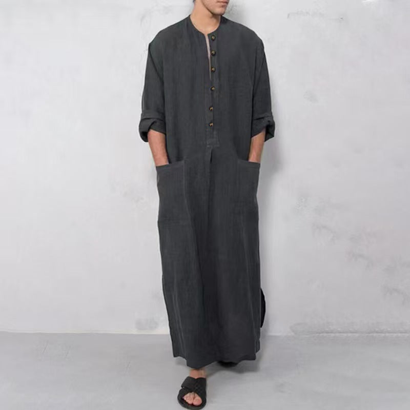 Herren nan weites langes Tunika-Kaftan aus atmungsaktivem Leinen mit Stehkragen Knopfblende und aufgesetzten Taschen EB