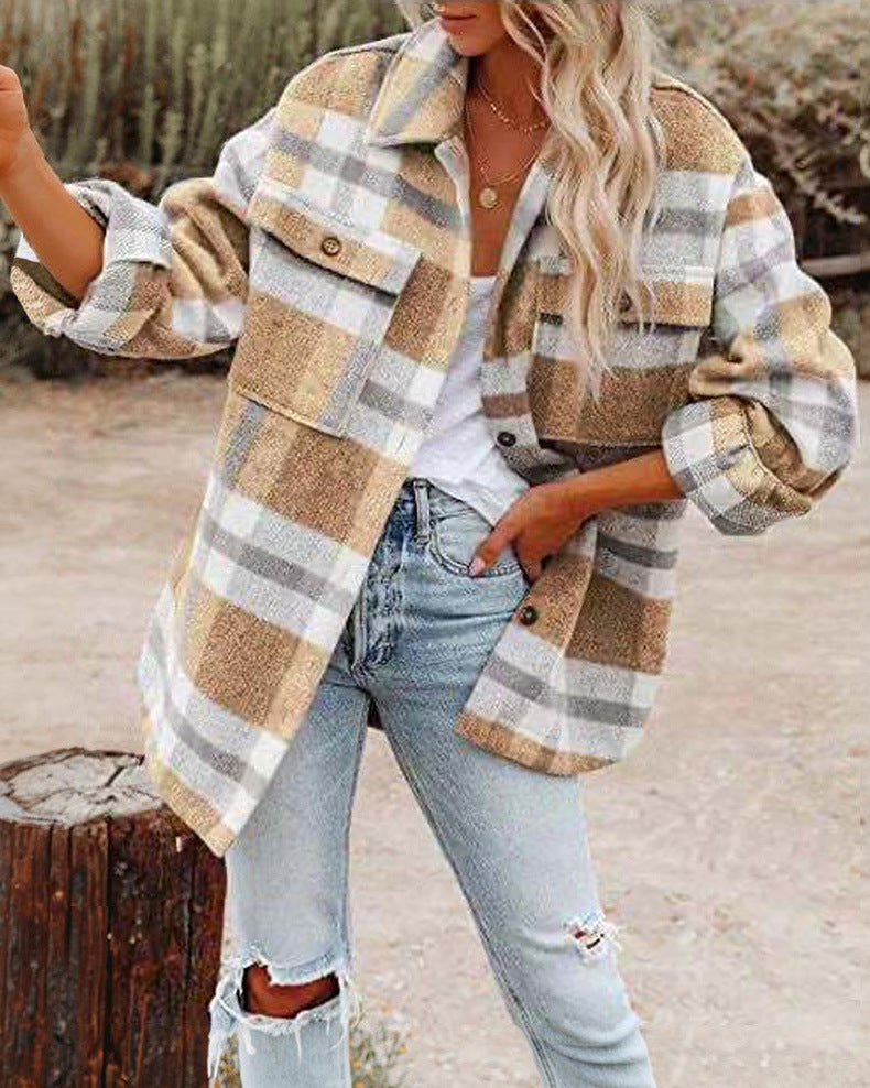 Damen Oversized Hemdjacke mit kariertem Muster und praktischen Taschen EB
