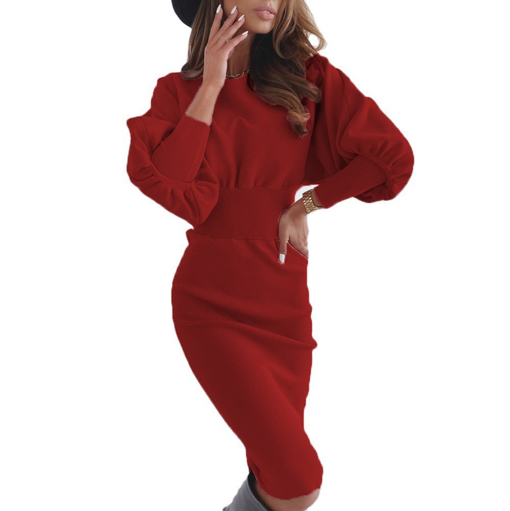 Damen Strickkleid mit Puffärmeln und taillierter Silhouette EB
