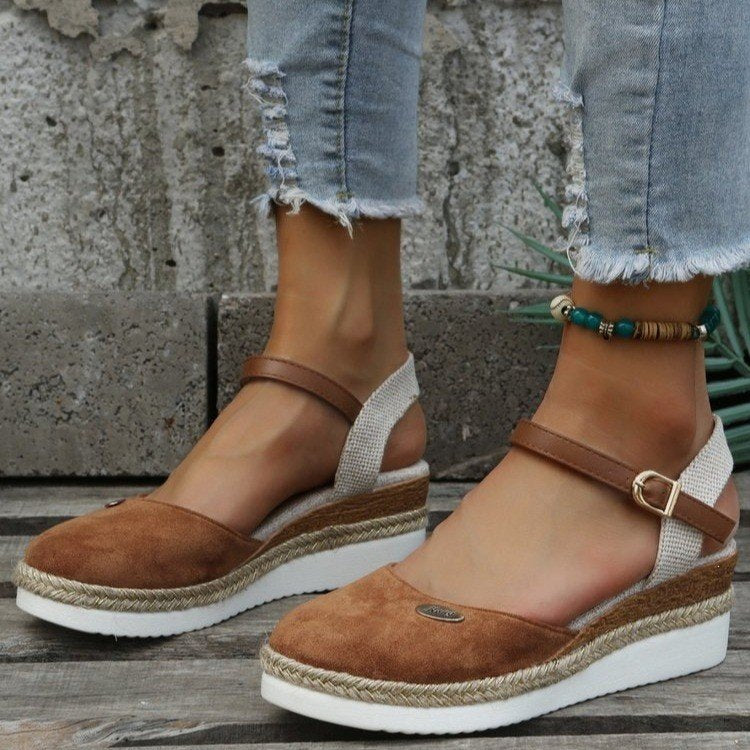 Damen Wedgesandalen mit elastischem Riemen und Jute-Applikation EB