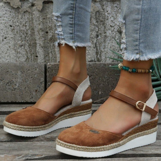 Damen Wedgesandalen mit elastischem Riemen und Jute-Applikation EB