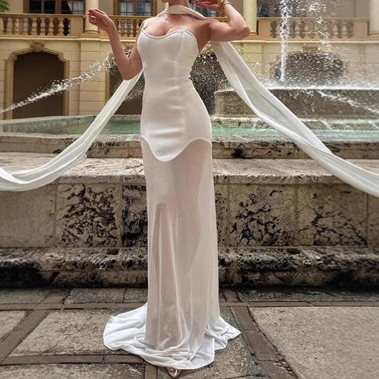 Damen Elegantes bodenlanges Abendkleid mit trägerlosem Design und fließendem Stoff EB