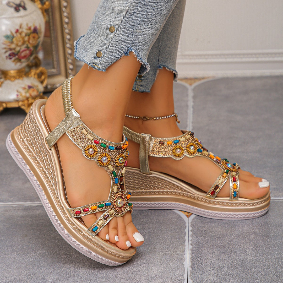 Damen Wedge-Sandalen mit buntem Schmuckdesign und komfortabler Sohle EB