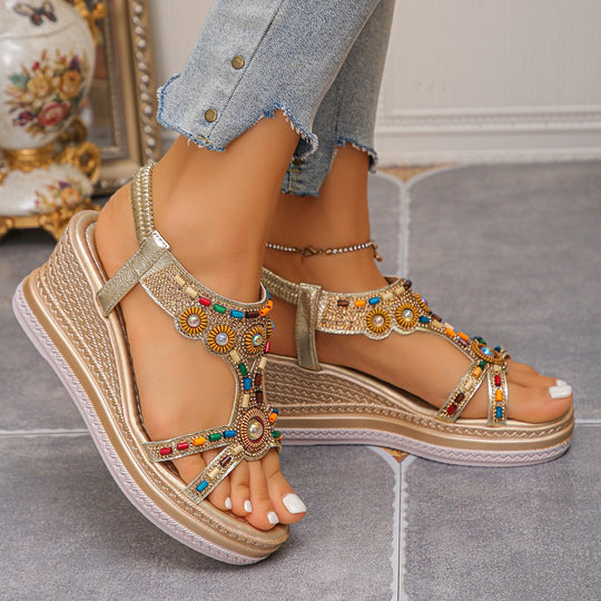 Damen Wedge-Sandalen mit buntem Schmuckdesign und komfortabler Sohle EB