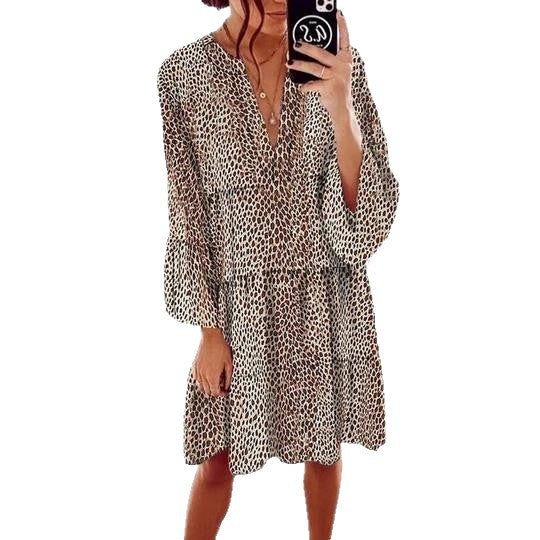 Damen lässiges Blusenkleid mit Volantärmeln und tierischem Muster EB