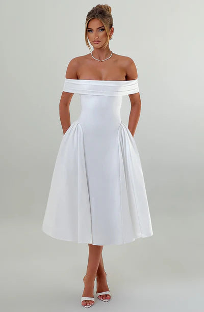 Damen Elegantes Off-Shoulder Midikleid mit ausladenden Falten und Taschen EB