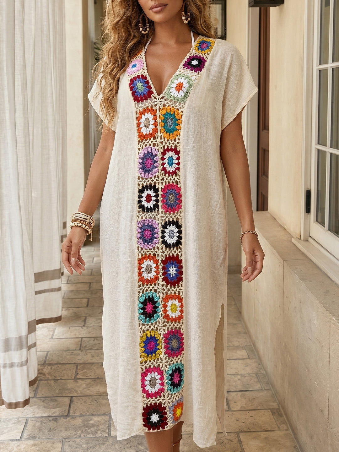 Damen Häkel-Strandkimono mit floralem Patchwork-Design EB
