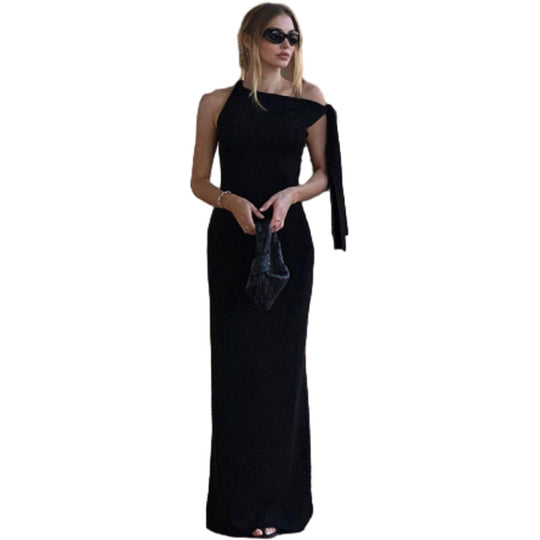 Damen Elegantes figurbetontes One-Shoulder-Maxikleid mit Schleife EB