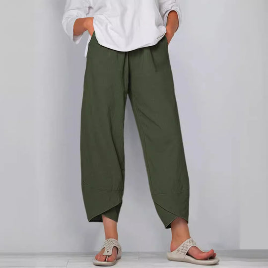 Damen nan weit geschnittene Leinenhose mit Tulpen-Saum und elastischem Bund EB