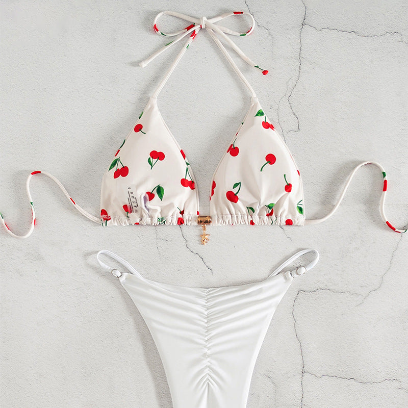 Damen Triangel-Bikini mit fröhlichem Kirschmuster und verstellbarem Schnitt EB