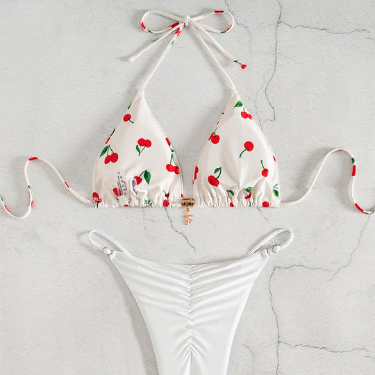 Damen Triangel-Bikini mit fröhlichem Kirschmuster und verstellbarem Schnitt EB