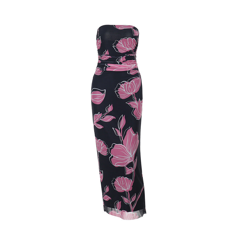 Damen elegantes schulterfreies Maxikleid mit floralem Design EB