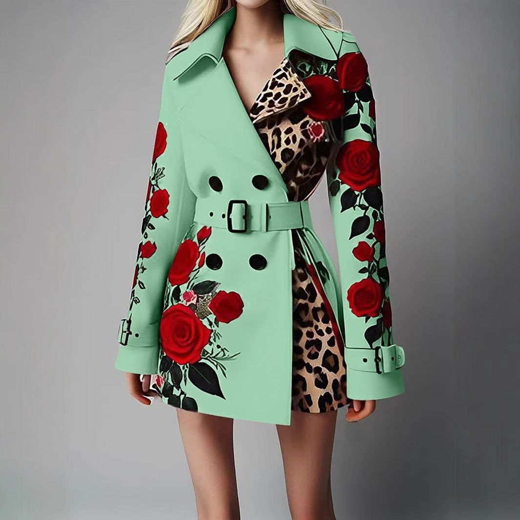 Damen Taillierter Trenchcoat mit Rosenprint und Leoparden-Innenfutter EB