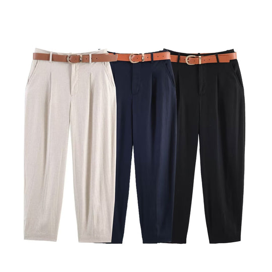 Damen hochwertige, ausgestellte Leinenhose mit modischem Gürtel EB