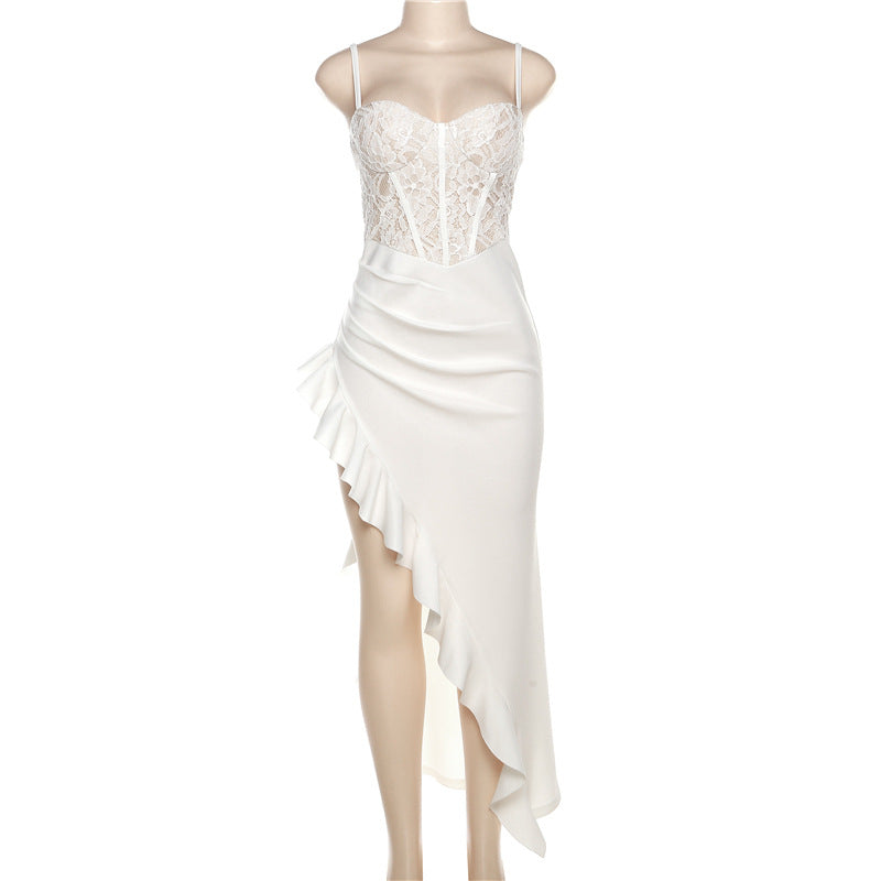Damen Brautkleid mit Spitzenoberteil und asymmetrischen Rüschen EB