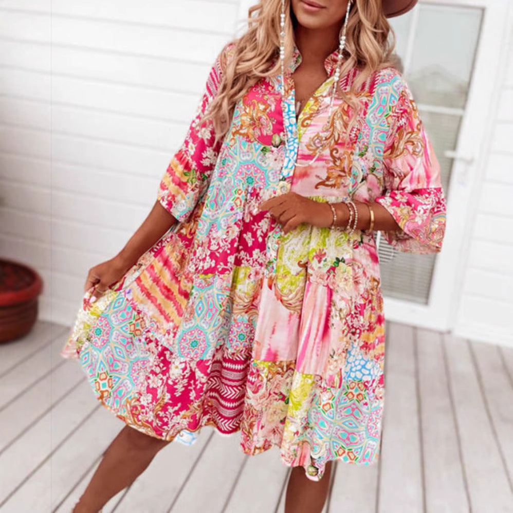 Damen lässiges Maxikleid mit buntem Patchwork-Design und komfortablem Schnitt Heidi-Mode