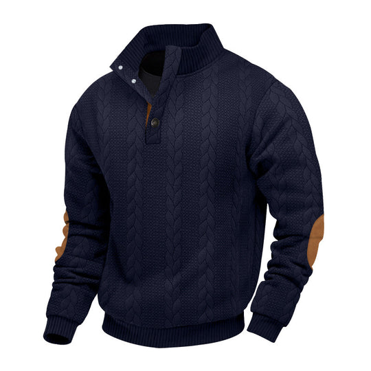 Herren nan Zopfmuster-Halbknopf-Pullover mit hohem Stehkragen und Wildleder-Ellbogenpatches EB