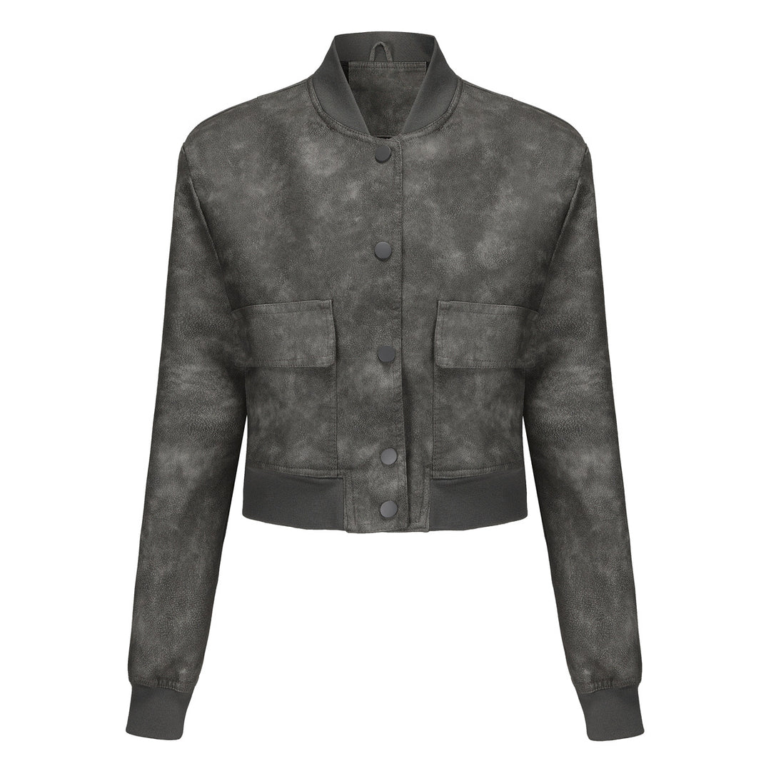 Damen nan kurze Crop-Kunstlederjacke im Blousonstil mit Druckknopffront und aufgesetzten Pattentaschen EB