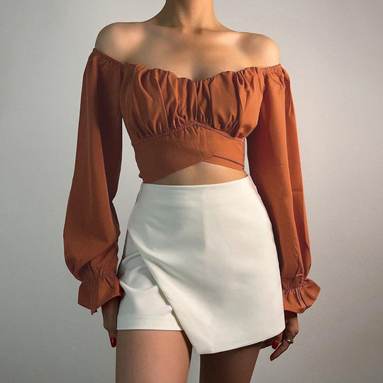 Damen Off-Shoulder Bluse mit Raffung und langen Ärmeln EB