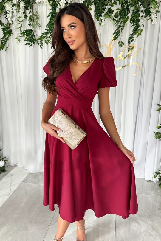 Damen elegantes Midikleid mit Wickeloptik und ausgestelltem Rock EB