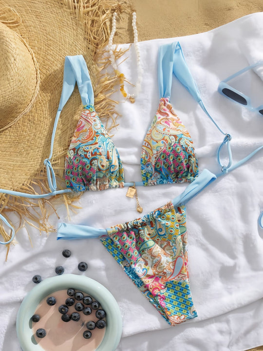 Damen Triangel-Bikini mit buntem Paisleymuster und verstellbaren Trägern EB