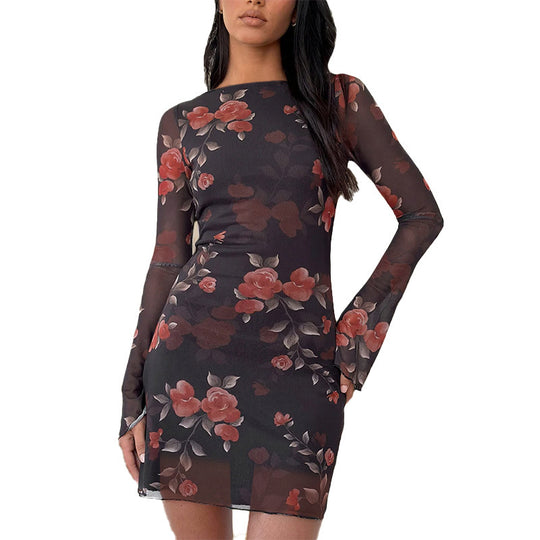 Damen figurbetontes Blumenkleid aus transluzentem Stoff mit langen Ärmeln EB