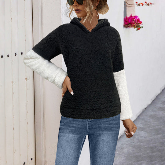 Damen lockerer Pullover mit weichem Teddy-Fleece und großem Kragen EB
