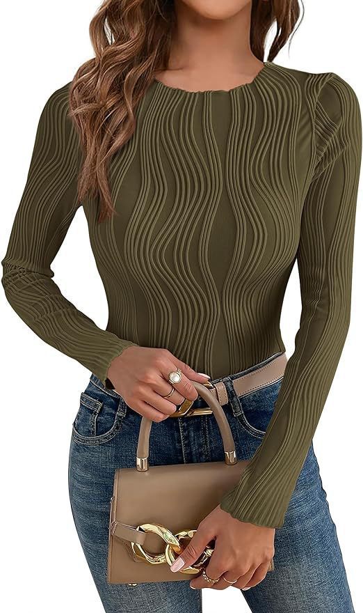 Damen nan figurbetontes Rippstrick-Longsleeve mit Wellendetail und Rundhalsausschnitt EB