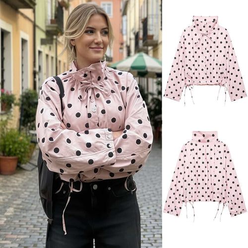 Damen nan gepunktete Regenjacke mit hohem Stehkragen, Tunnelzugsaum und aufgesetzten Taschen EB