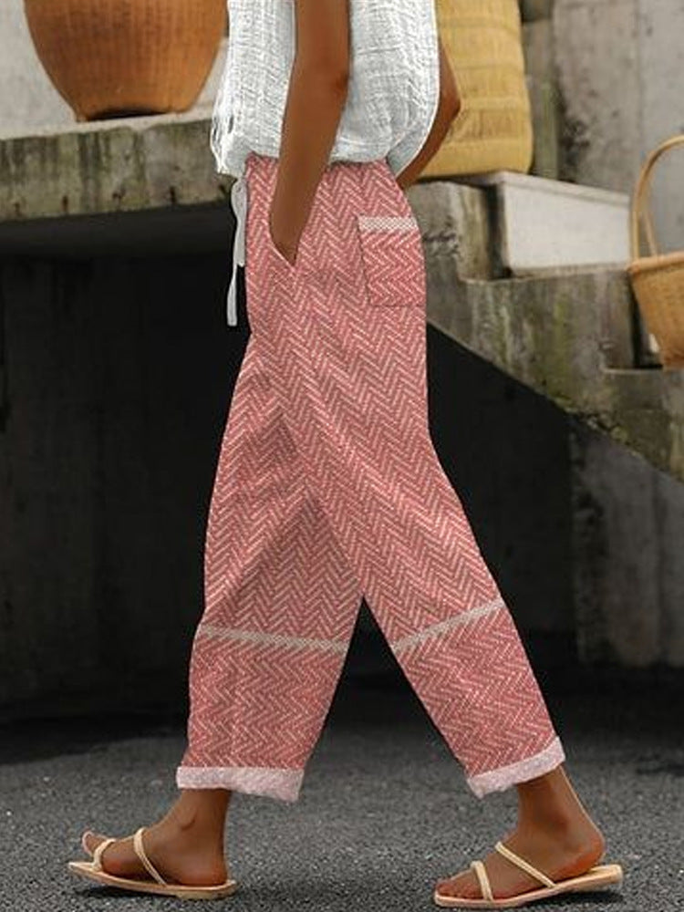 Damen Weite Leinenhose mit handgewebtem Muster EB
