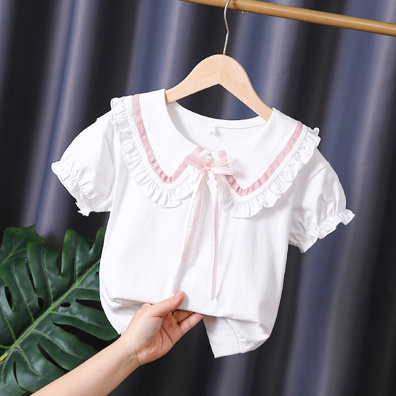 Mädchen T-Shirt mit rüschenverziertem Kragen und Schleifenakzenten EB
