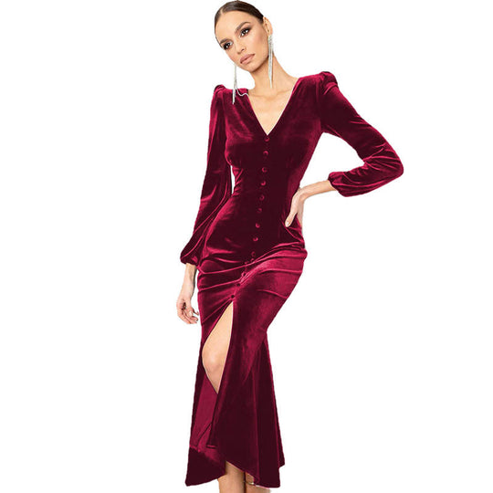 Damen Samt Maxikleid mit tiefem V-Ausschnitt und Knopfdetails EB