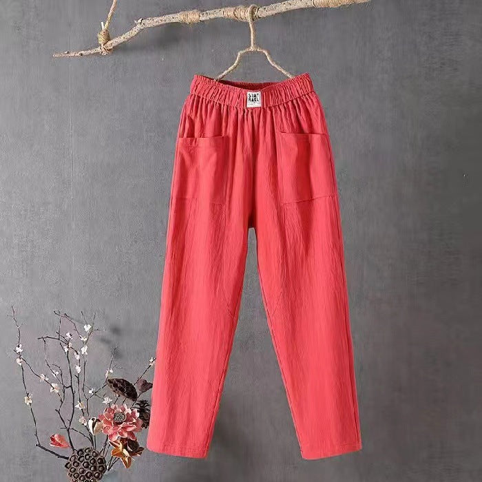 Damen nan lässige Leinenmix-Hose mit elastischem Bund, geradem Bein und großen aufgesetzten Taschen EB