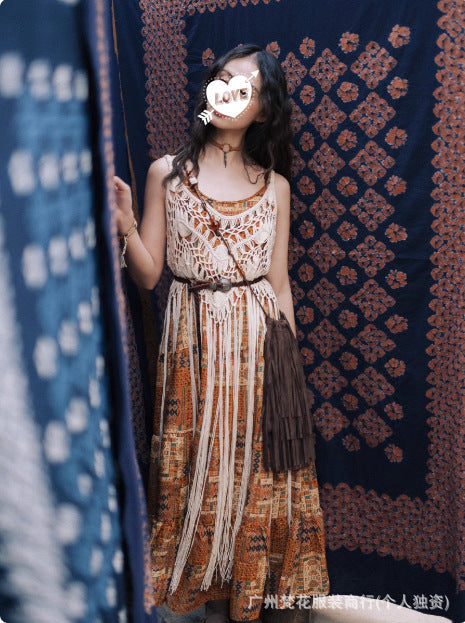 Damen Boho Chic Maxi-Kleid mit Fransen und gehäkeltem Oberteil EB