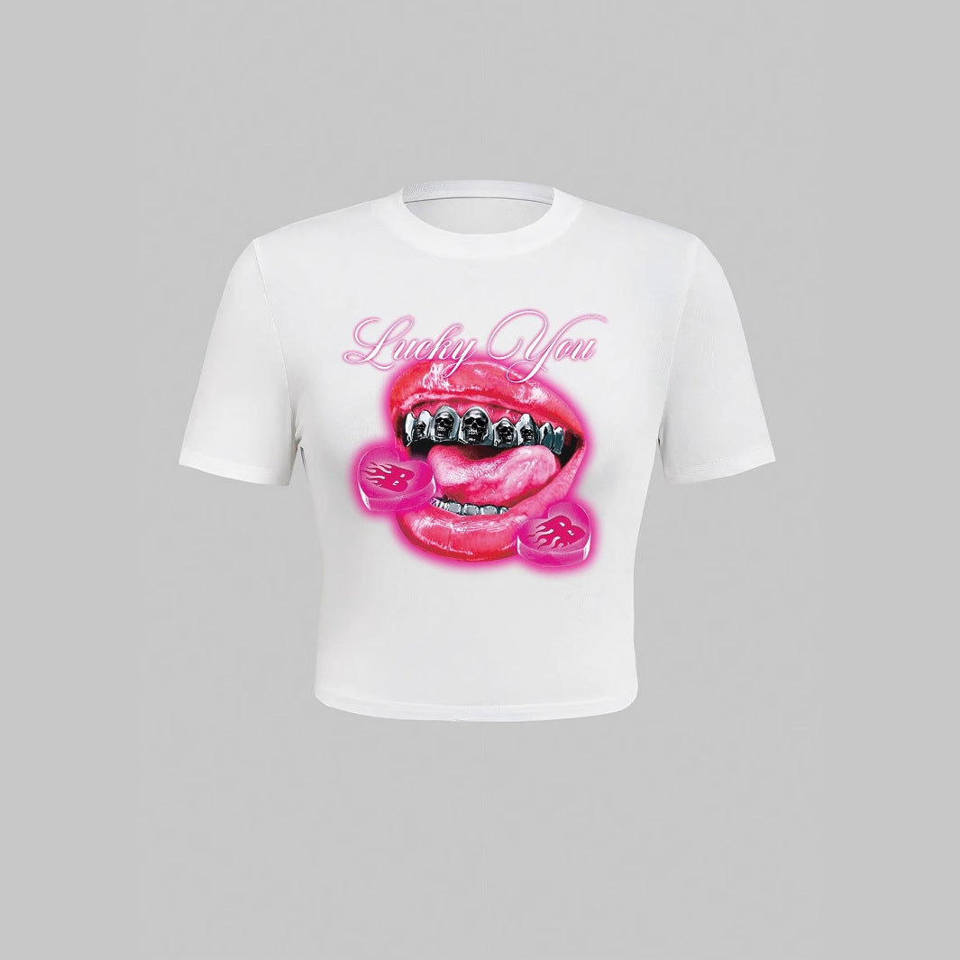 Damen T-Shirt mit kreativem Lippenmotiv und auffälligem Grafikdruck EB