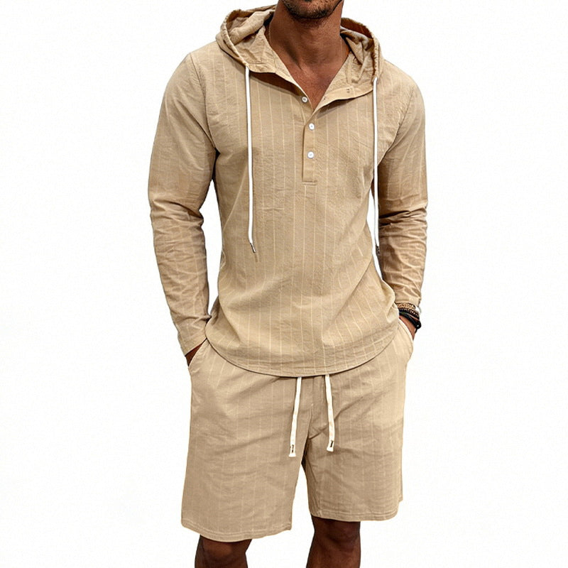 Herren nan gestreiftes Leinenoptik-Kapuzen-Henley-Set mit Tunnelzug-Shorts EB