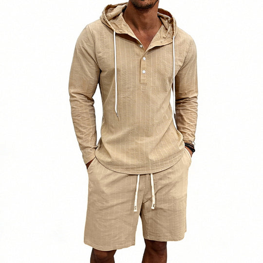 Herren nan gestreiftes Leinenoptik-Kapuzen-Henley-Set mit Tunnelzug-Shorts EB