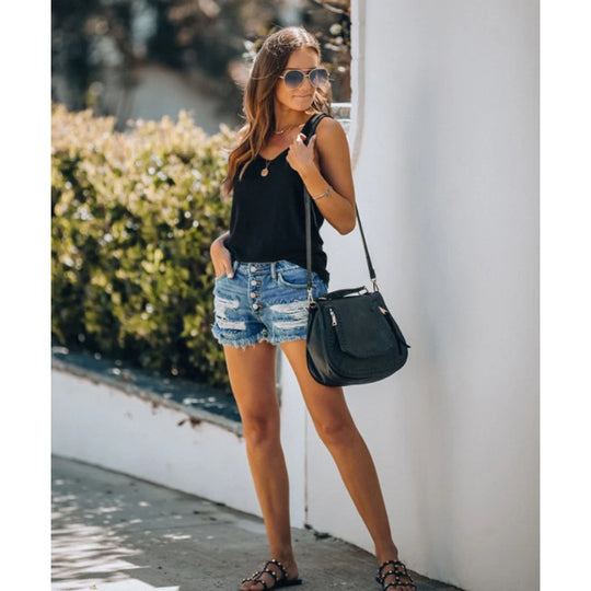 Damen lässige Destroyed Jeansshorts mit Knopfleiste und fransigem Saum EB