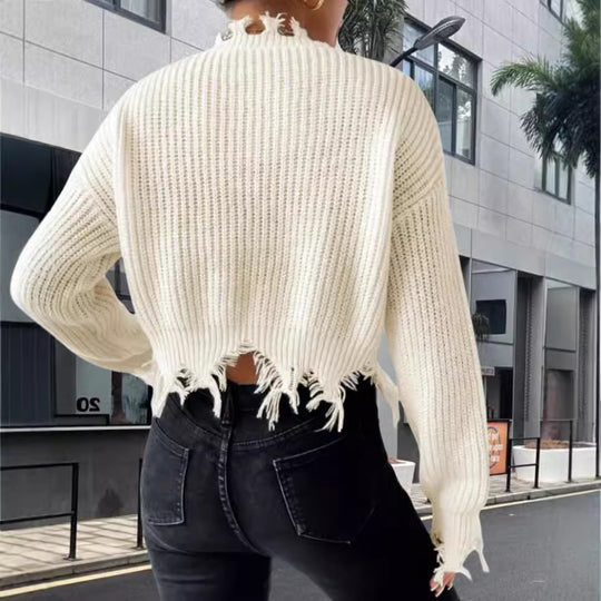 Damen Oversized Strickpullover mit fransigem Saum und raffiniertem Ausschnitt EB